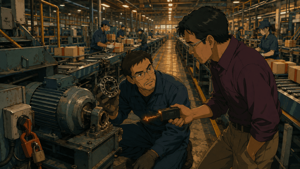 Anime illustration of a technician using an intelligent sensor to detect a worn motor bearing before a packaging line fails.