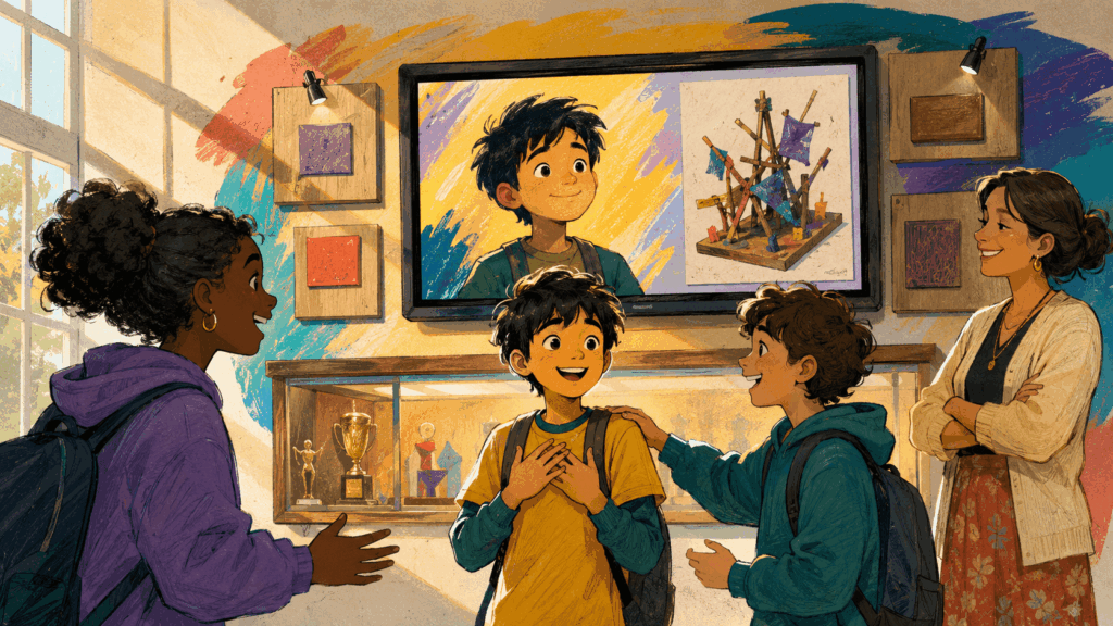 Animated illustration of students celebrating a classmate beside an upgraded school recognition wall with a digital screen and trophies.