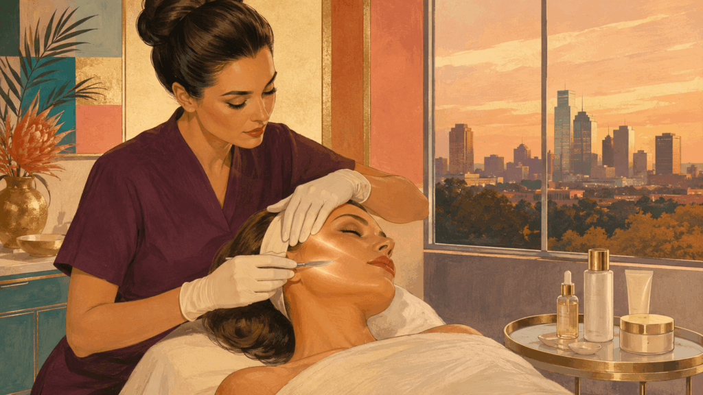 Vintage airbrush illustration of an aesthetician performing dermaplaning on a relaxed client beside a Fort Worth sunset.