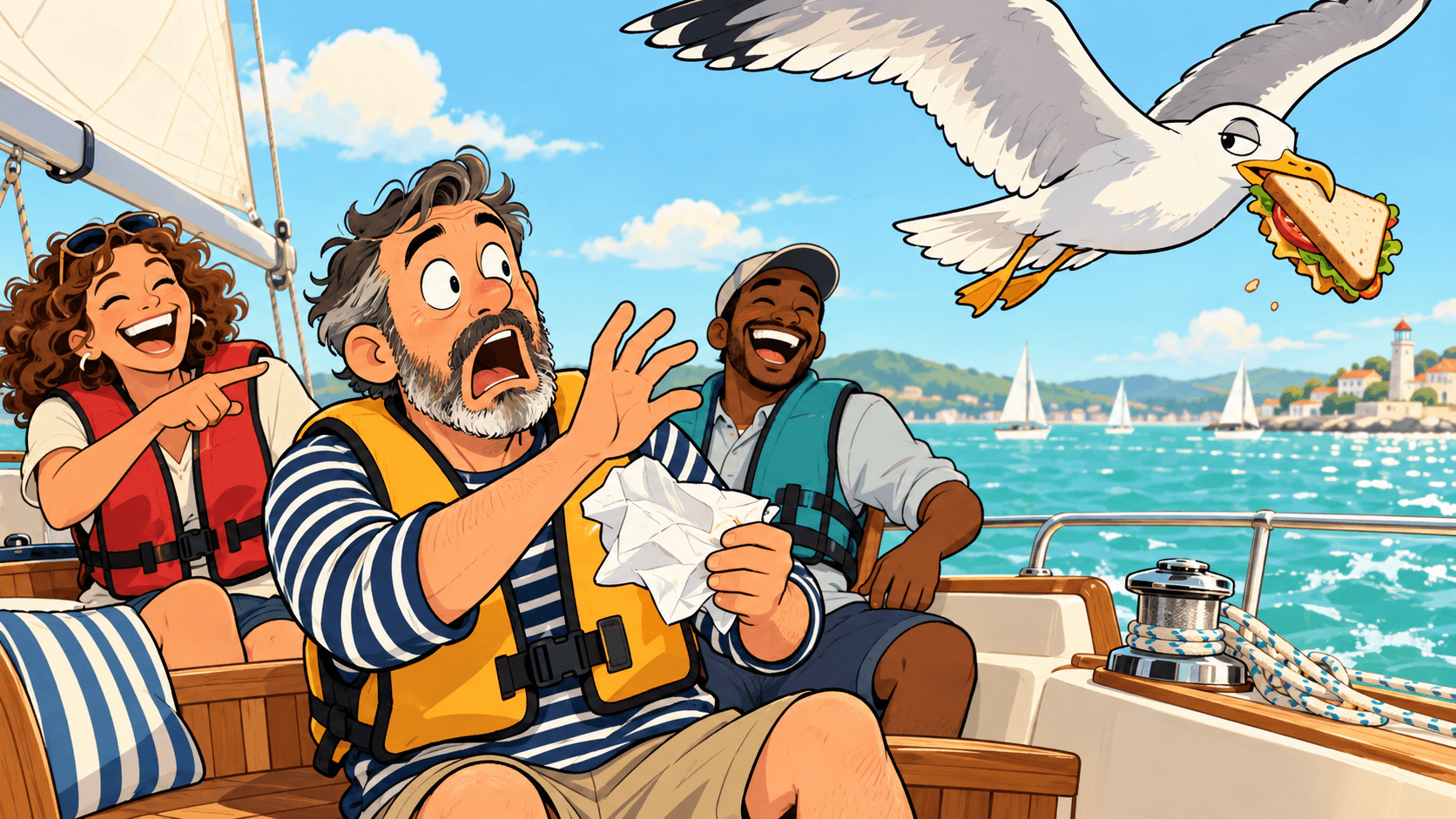 Cartoon seagull steals a sandwich as a startled sailor holds an empty napkin and two friends laugh aboard a sailboat.