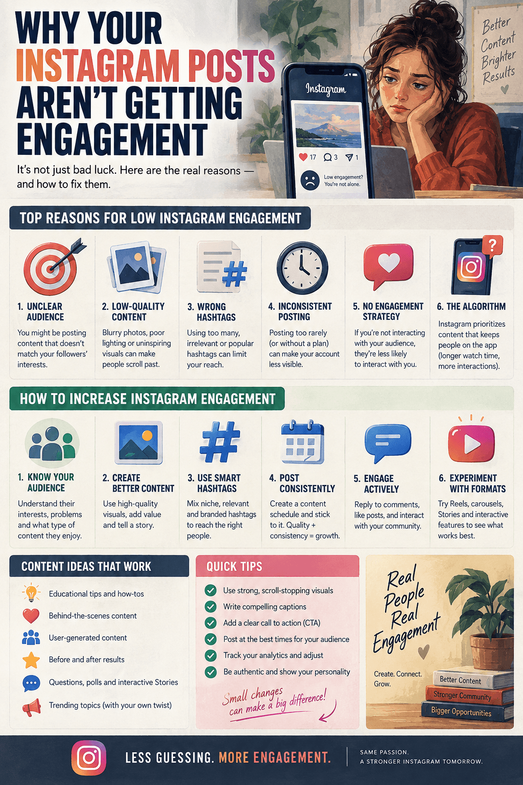 Infographic explaining why Instagram posts get low engagement and how to improve results with better content, hashtags, consistency, formats, and audience interaction.