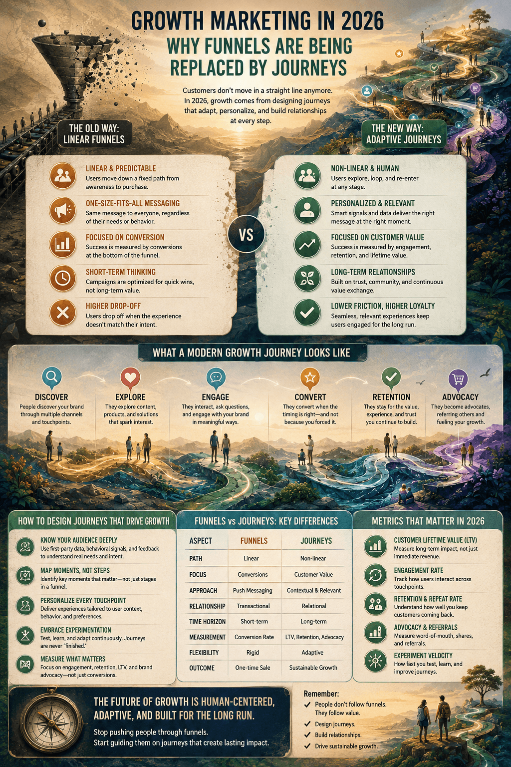 A growth marketing visual guide detailing Infographic: Growth Marketing in 2026: Why Funnels Are Being Replaced by Journeys, comparing linear conversion funnels against adaptive customer journeys, LTV metrics, and touchpoint personalization.