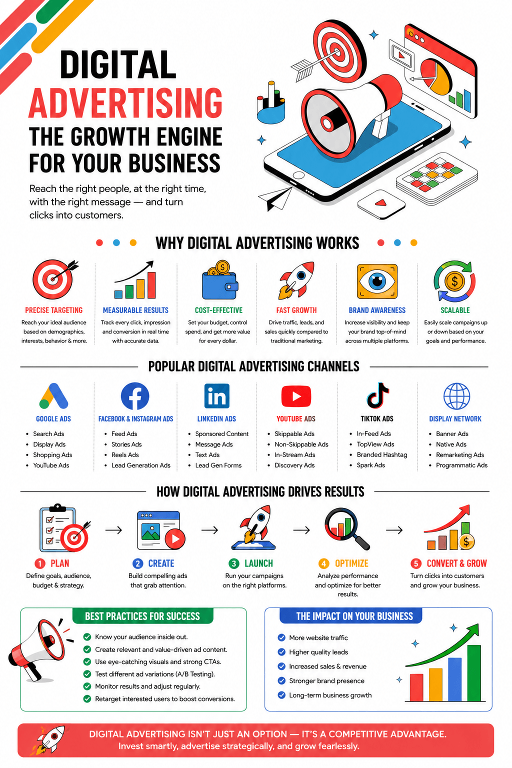 A digital marketing and growth strategy infographic detailing the Infographic: Digital Advertising Has Become One Of The Most Powerful Tools For Growing A Business Online, mapping out popular ad channels, campaign optimization workflows, and B2B scale tactics.