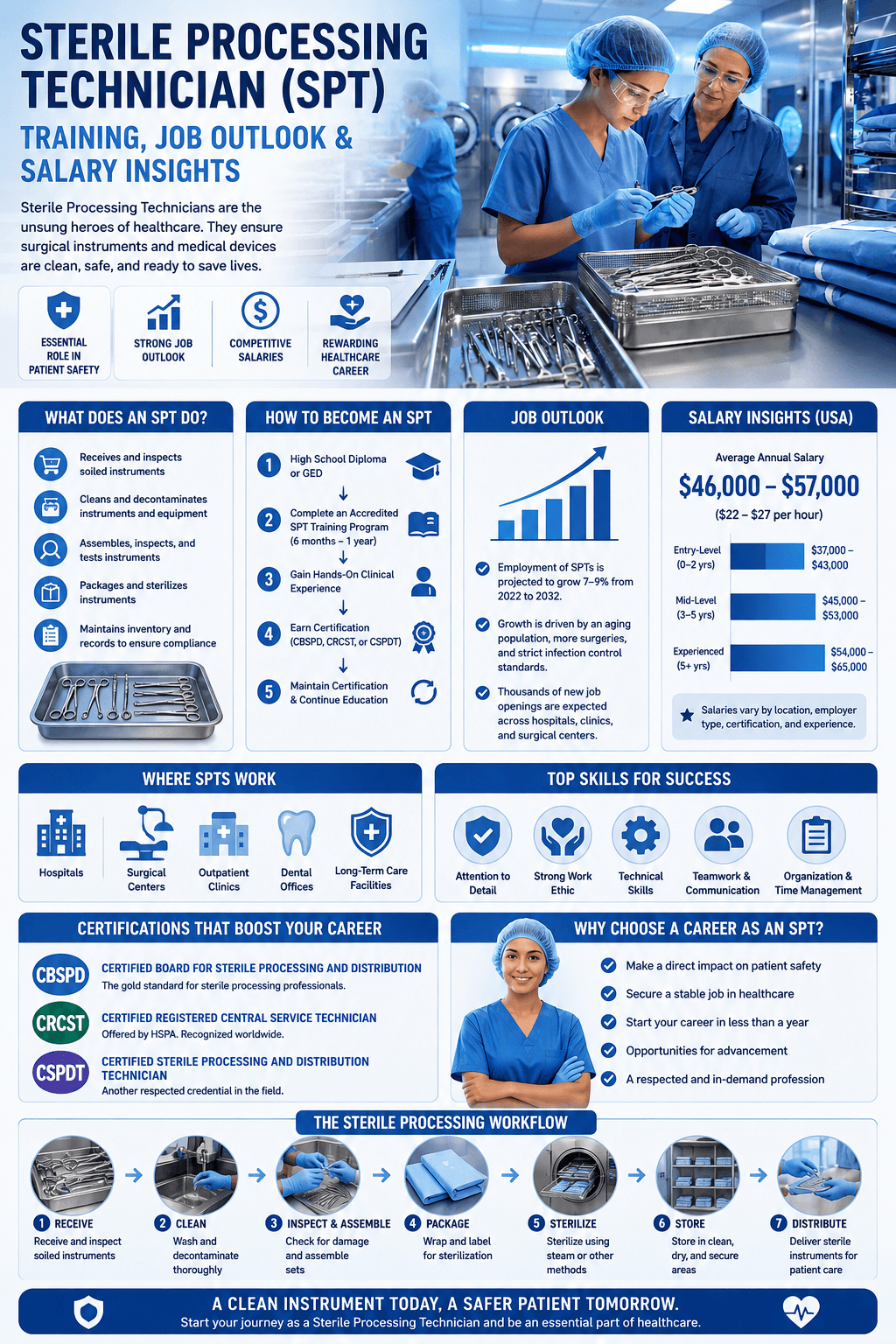 A healthcare career infographic detailing Sterile Processing Technician Training: Job Outlook and Salary Insights, outlining core duties, accredited education steps, U.S. salary tiers, and the seven-step sterilization workflow.