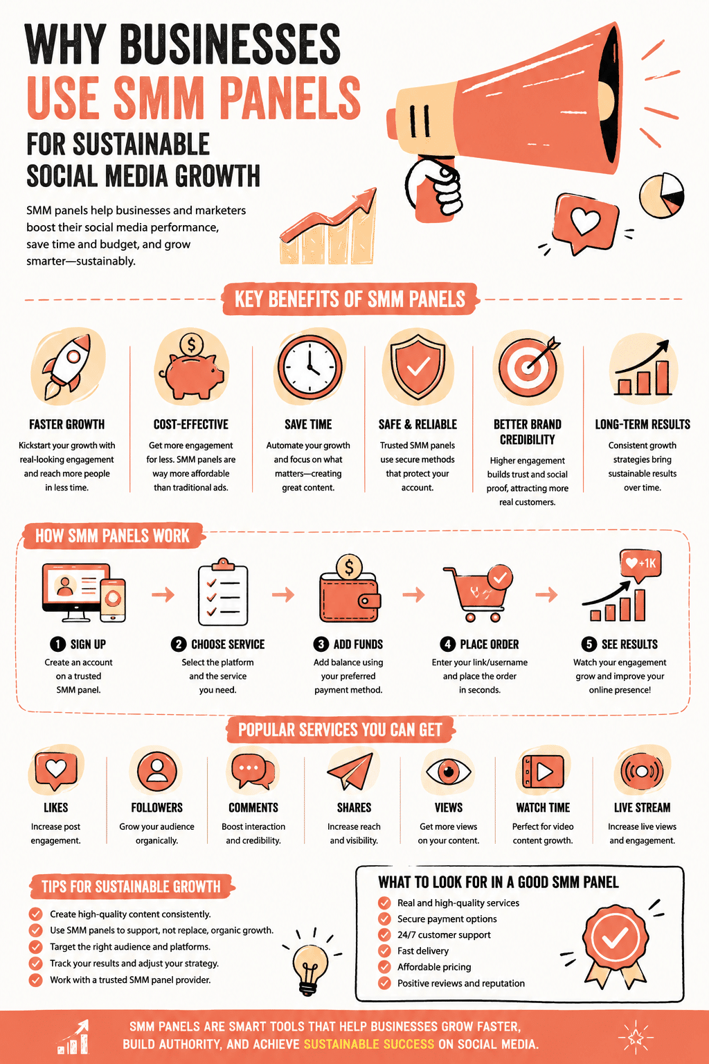 A social media marketing infographic detailing Why Businesses Use SMM Panels for Sustainable Social Media Growth, illustrating key benefits, the operational process, common services, and provider selection tips.