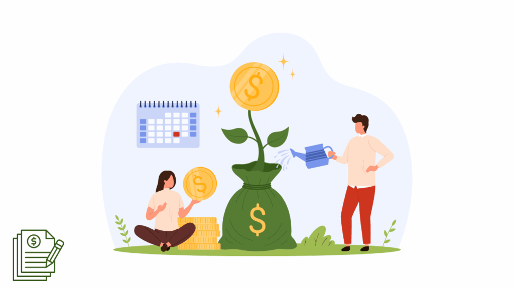 An illustration of people nurturing a money tree growing from a sack of coins, representing how to unlock grants and funding for growing businesses.