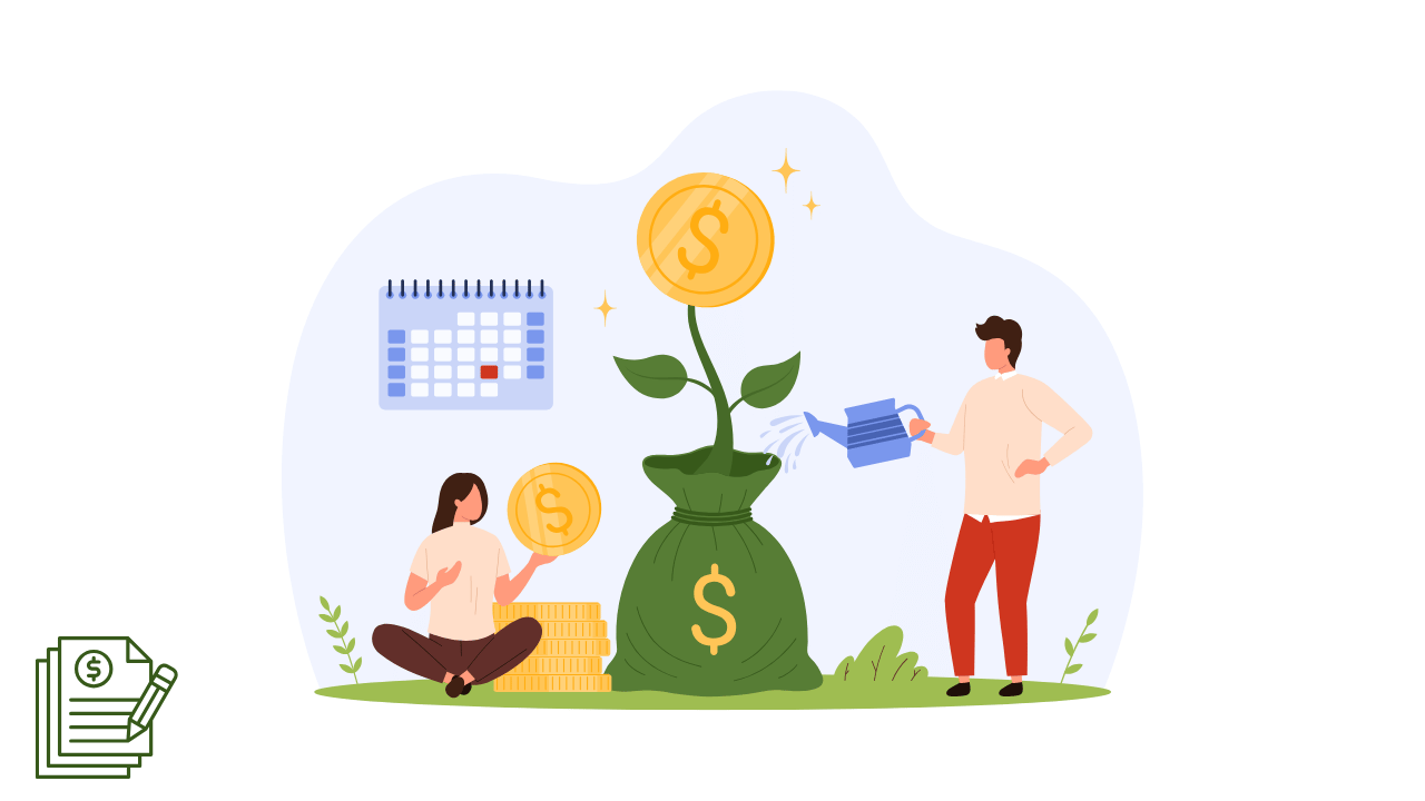 An illustration of people nurturing a money tree growing from a sack of coins, representing how to unlock grants and funding for growing businesses.