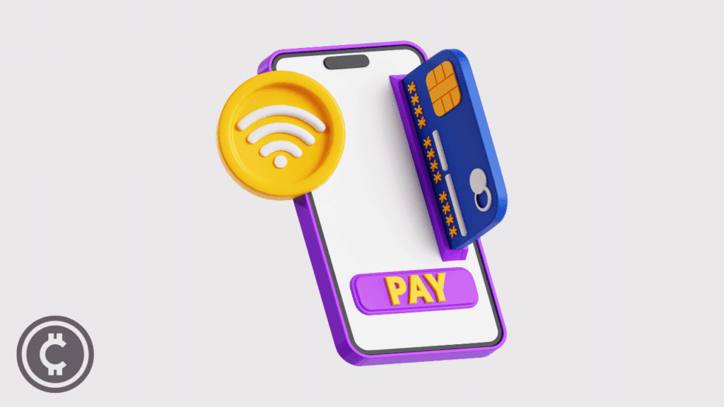 A 3D stylized smartphone with a credit card and a cryptocurrency symbol, representing the process of building modern fintech products with a crypto data API.