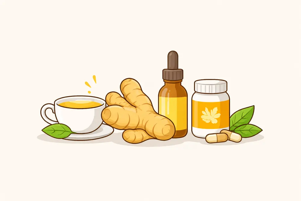 A flat-style illustration of fresh ginger root next to a cup of ginger tea, an herbal dropper bottle, and a supplement jar, representing natural ginger for occasional joint flare support.
