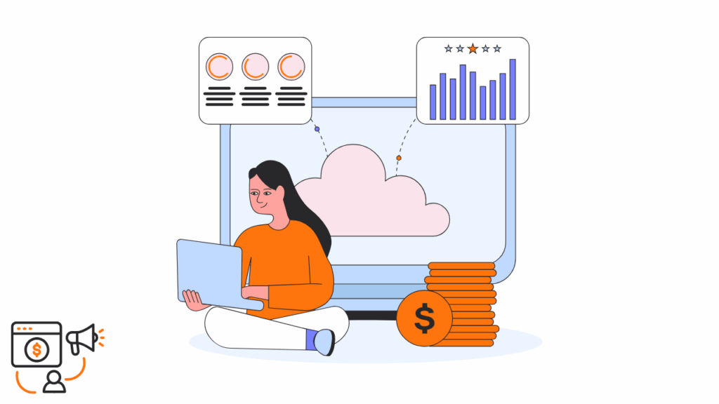 A woman sitting with a laptop in front of a cloud computing screen and stacks of coins, illustrating how SaaS companies use referral and affiliate programs to grow.