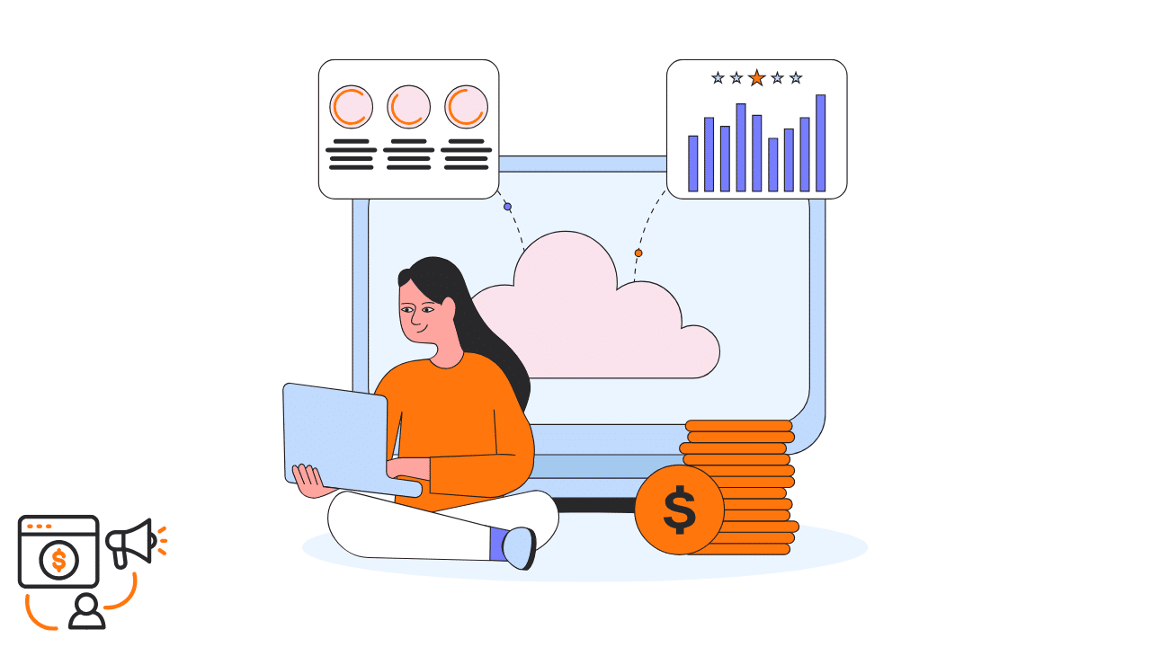 A woman sitting with a laptop in front of a cloud computing screen and stacks of coins, illustrating how SaaS companies use referral and affiliate programs to grow.