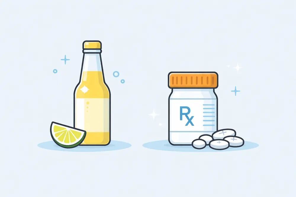 A flat-style illustration comparing a bottle of tonic water with a lime slice and a prescription pill bottle with tablets, representing the difference between quinine in tonic water and quinine in medicine.