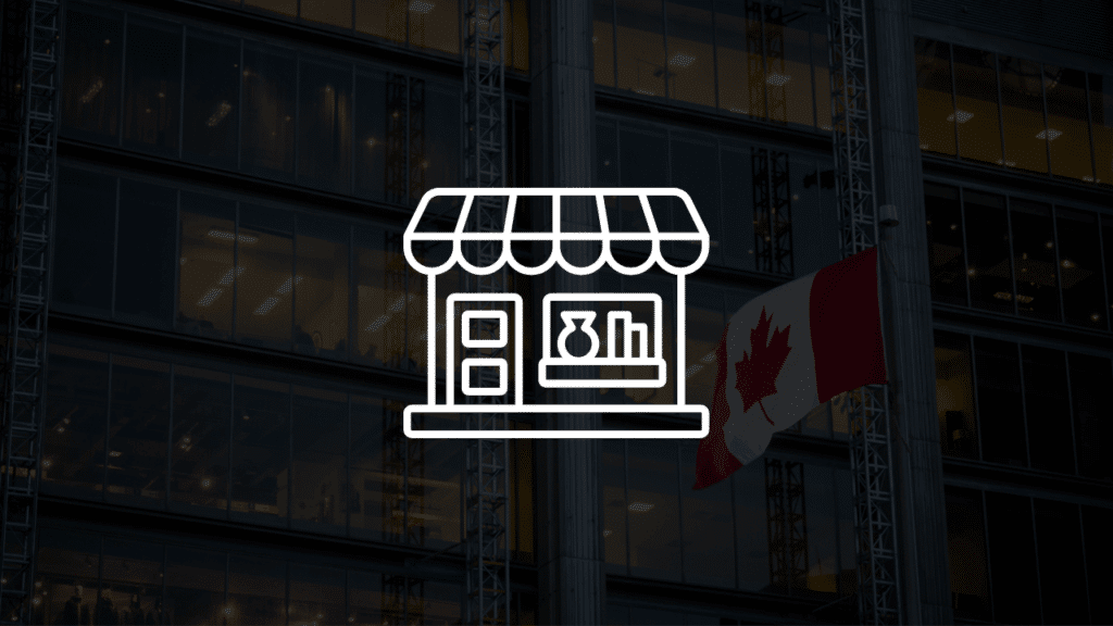 An icon representing a small business storefront overlaying a Canadian office building, illustrating the Canadian dream of buying a small business.
