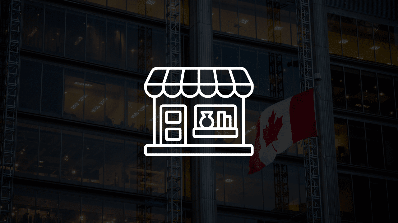 An icon representing a small business storefront overlaying a Canadian office building, illustrating the Canadian dream of buying a small business.