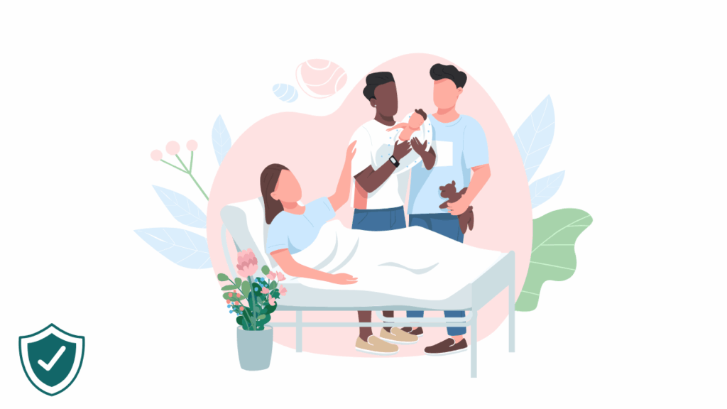 Flat illustration of a surrogate mother in a hospital bed with a couple holding a newborn baby and a green insurance shield icon, representing a comprehensive guide to surrogacy insurance coverage and legal requirements.