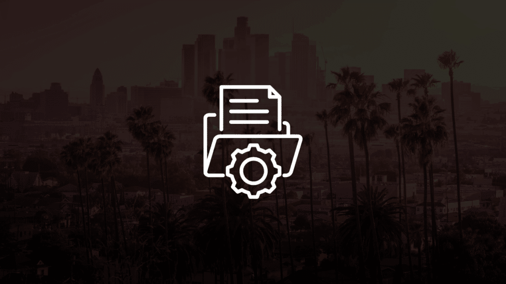 A white line-art icon representing document management and processing over a scenic view of the Los Angeles city skyline, showcasing a convenient way to handle documents in Los Angeles with A to Z Documents.