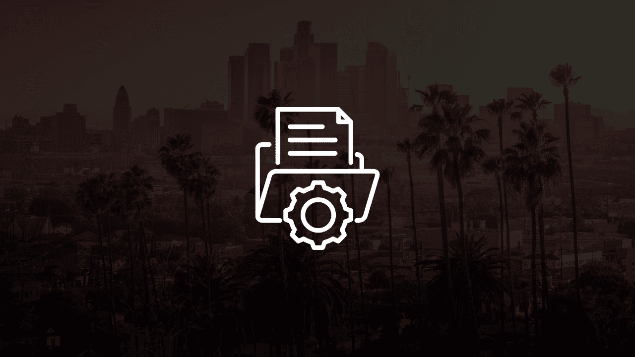 A white line-art icon representing document management and processing over a scenic view of the Los Angeles city skyline, showcasing a convenient way to handle documents in Los Angeles with A to Z Documents.