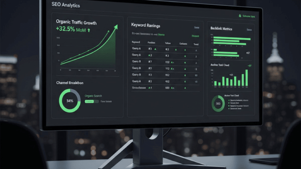 A 3D purple illustration of a magnifying glass analyzing a rising bar chart, representing how to choose an SEO service provider for long-term growth.