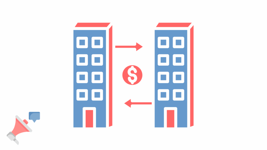 Flat design illustration of B2B corporate exchange and communication, representing the role of a B2B marketing agency in building long-term client relationships.