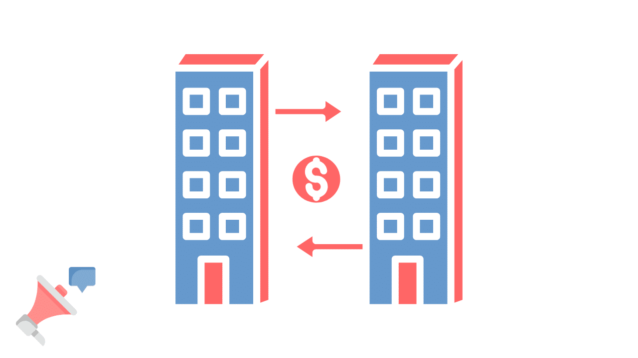 Flat design illustration of B2B corporate exchange and communication, representing the role of a B2B marketing agency in building long-term client relationships.