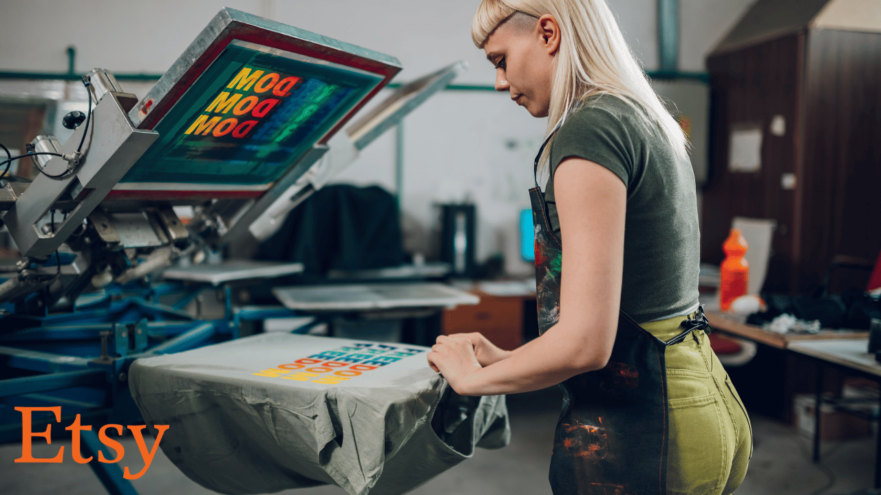 A woman using a screen printing machine to create custom apparel, representing how to scale your Etsy print-on-demand business with AI automation tools.