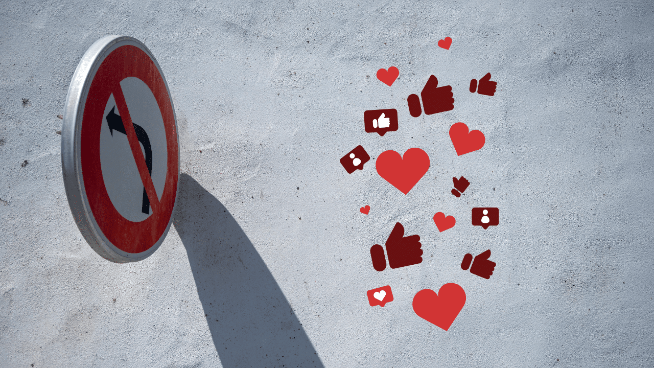 A no-turn traffic sign next to floating social media engagement icons, symbolizing the struggle of defeating algorithmic shadowbans to secure social media empires.