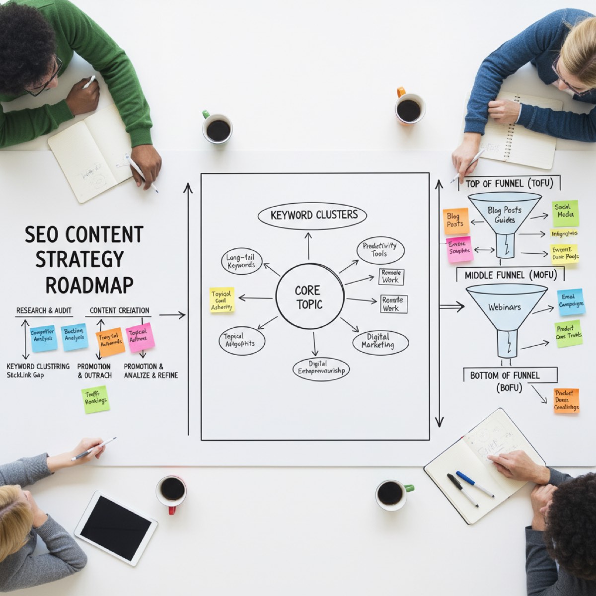 A team reviewing an SEO Content Strategy Roadmap, illustrating the level of detail missing when encountering red flags that signal a bad fit with a service provider.