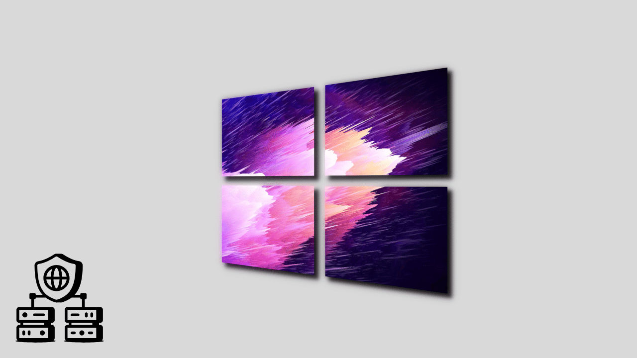 A 3D Windows 11 logo with a vibrant purple and pink light effect, accompanied by a network security icon representing the complete tutorial for setting up a proxy on Windows.