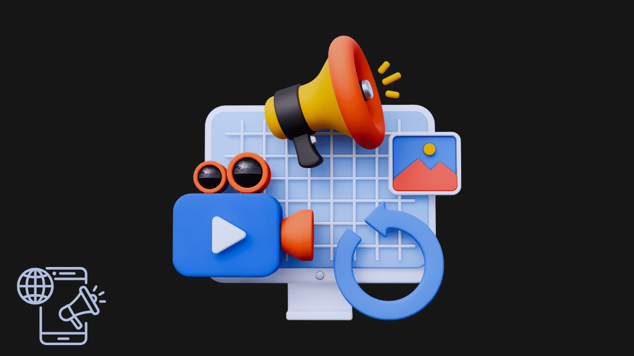 A 3D illustration of a computer monitor surrounded by a megaphone, video camera, and image icons representing various types of digital marketing services.