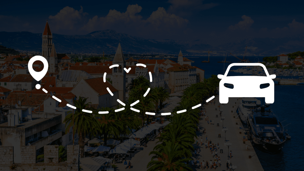 A panoramic view of a coastal town near Split, Croatia, with a white vector graphic showing a heart-shaped driving route and car icon for a 2026 road trip guide.