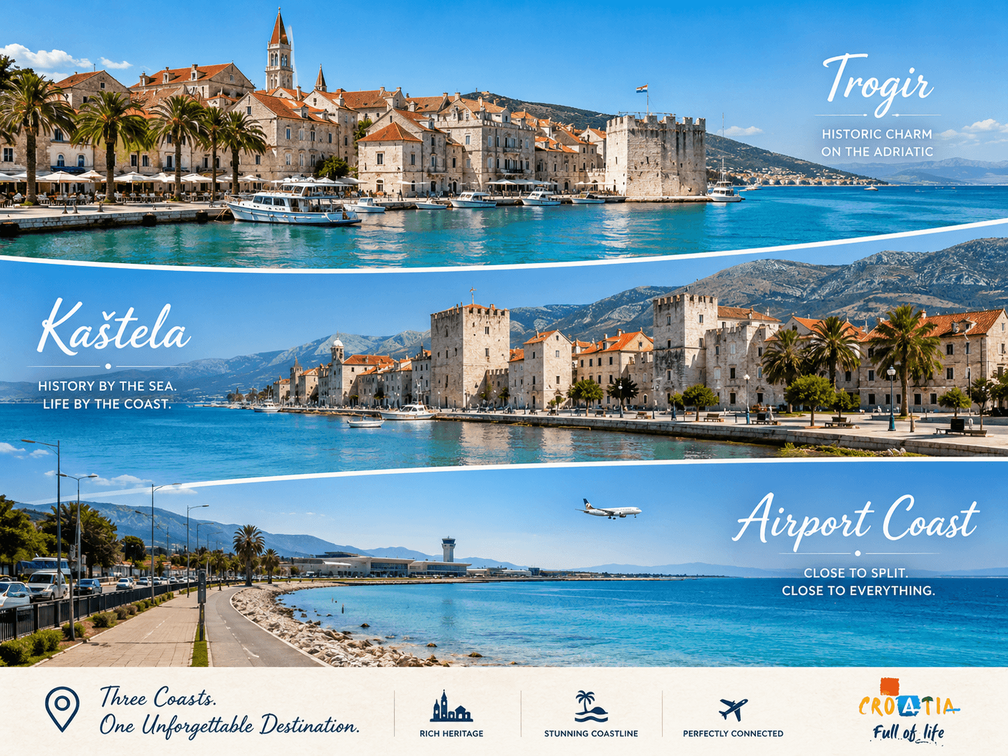 A three-panel travel guide showcasing Trogir, Kaštela, and the Airport Coast as the best places to visit from Split by car in 2026.