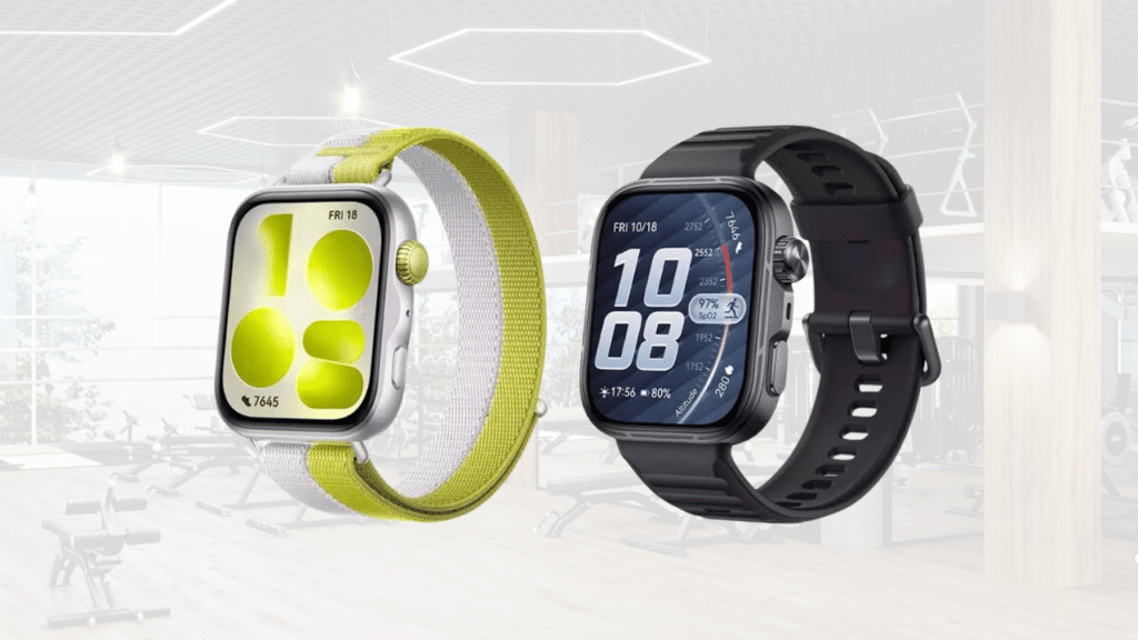 Two HUAWEI Watch Fit 5 Pro smartwatches with lime-white fabric and black silicone straps in a gym setting, highlighting fitness tracking and elegant design.