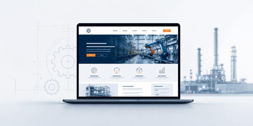 A laptop computer displaying a clean manufacturing website homepage template, showcasing effective industrial web design practices for modern B2B buyers.