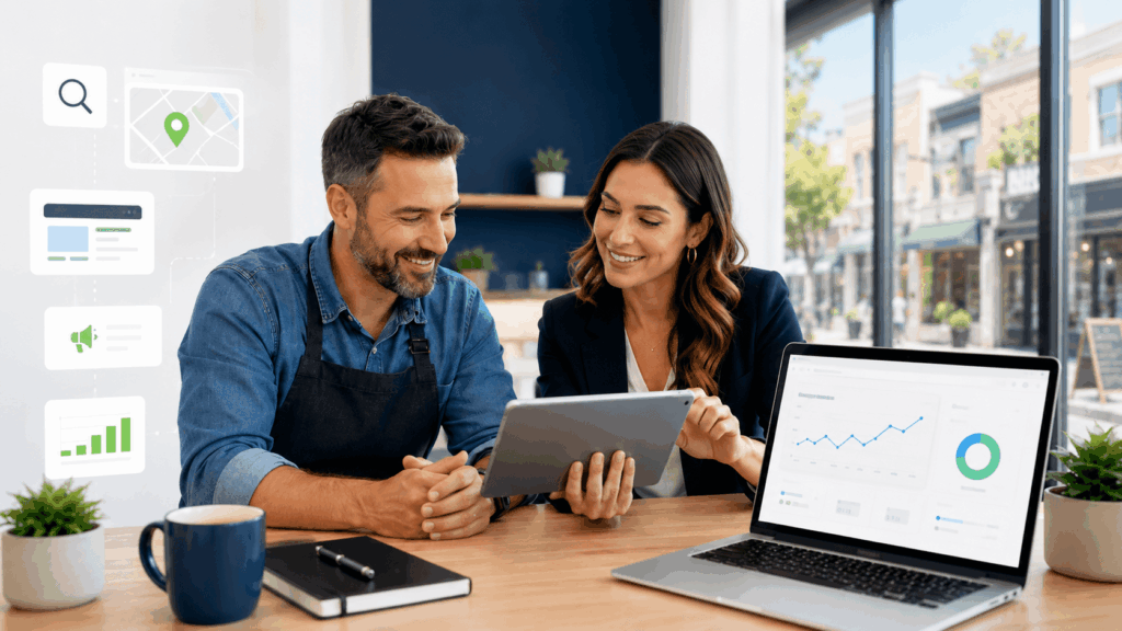 Alt text: Local business owner meeting with a digital marketing consultant to review SEO, local search, advertising and website performance.