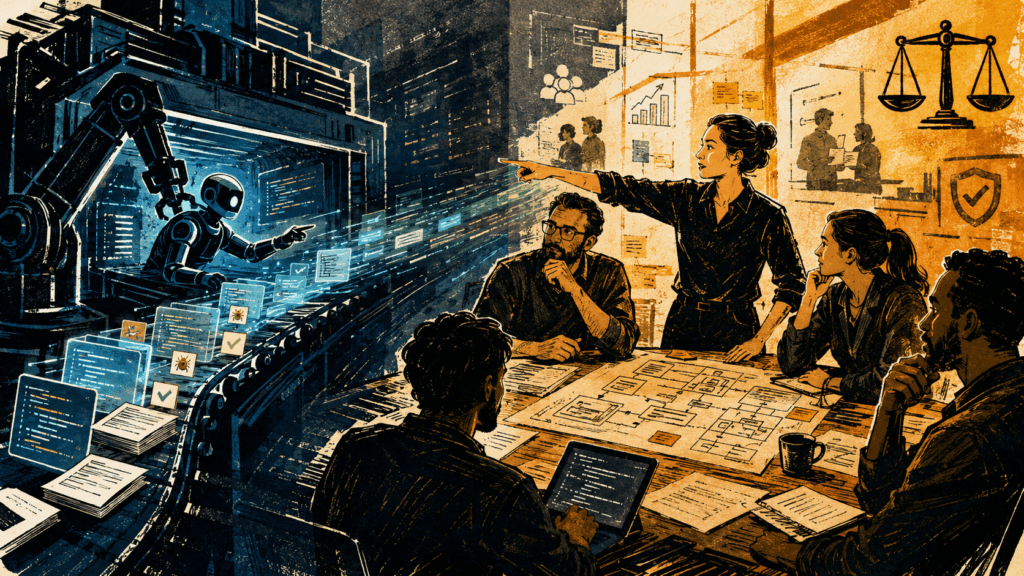 Software team guiding an AI powered development workflow, reviewing code, strategy, testing and business decisions with human oversight.