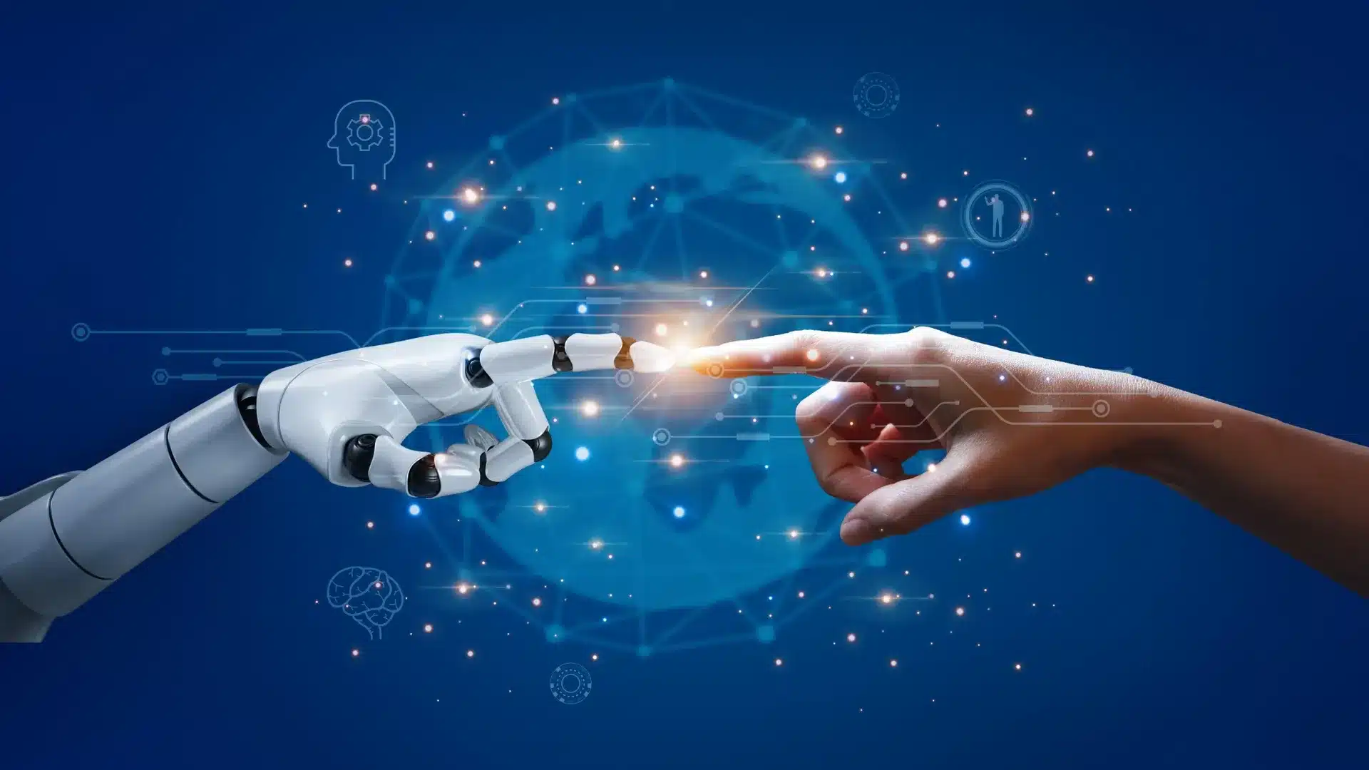 Robotic hand and human hand reaching toward each other above a glowing digital network