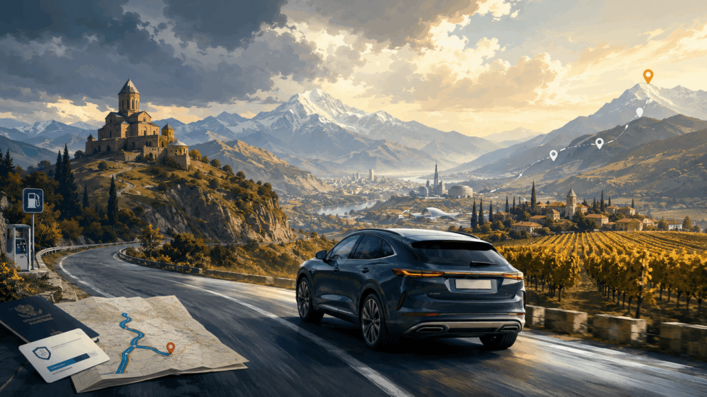 Rental car driving on a scenic mountain road in Georgia, with views of Tbilisi, Kazbegi style peaks, wine country and travel planning elements.
