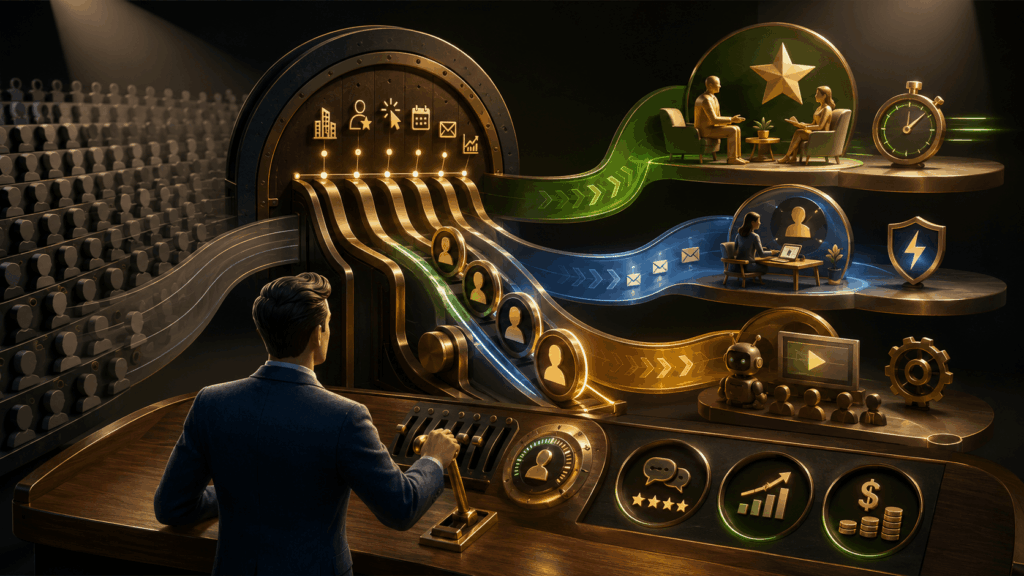 Sales representative prioritizing outreach through a dynamic lead routing system based on account fit, buyer intent and decision maker authority.