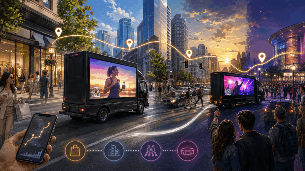 Digital billboard trucks following planned city routes through shopping, business and event districts with GPS tracking and audience measurement.