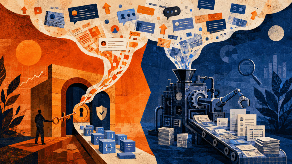 Editorial illustration comparing Reddit API and Reddit scraper workflows, with an official data gateway on one side and a data extraction machine on the other.