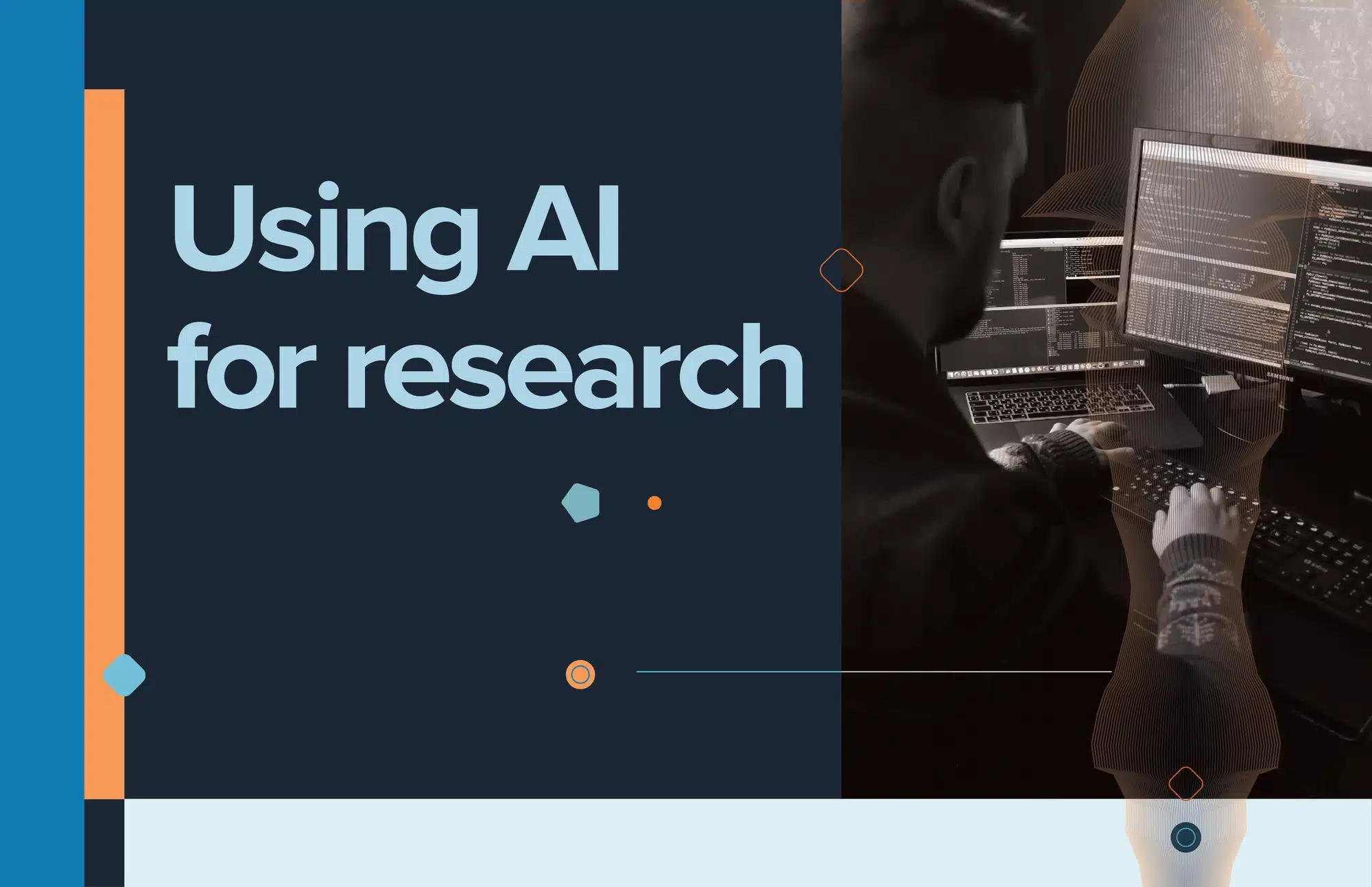 Text graphic reading "Using AI for research" beside a developer working across dual code screens