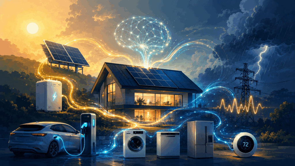 Smart home connected to solar panels, battery storage, EV charging, appliances and thermostat with flowing energy lines showing a home energy management system.