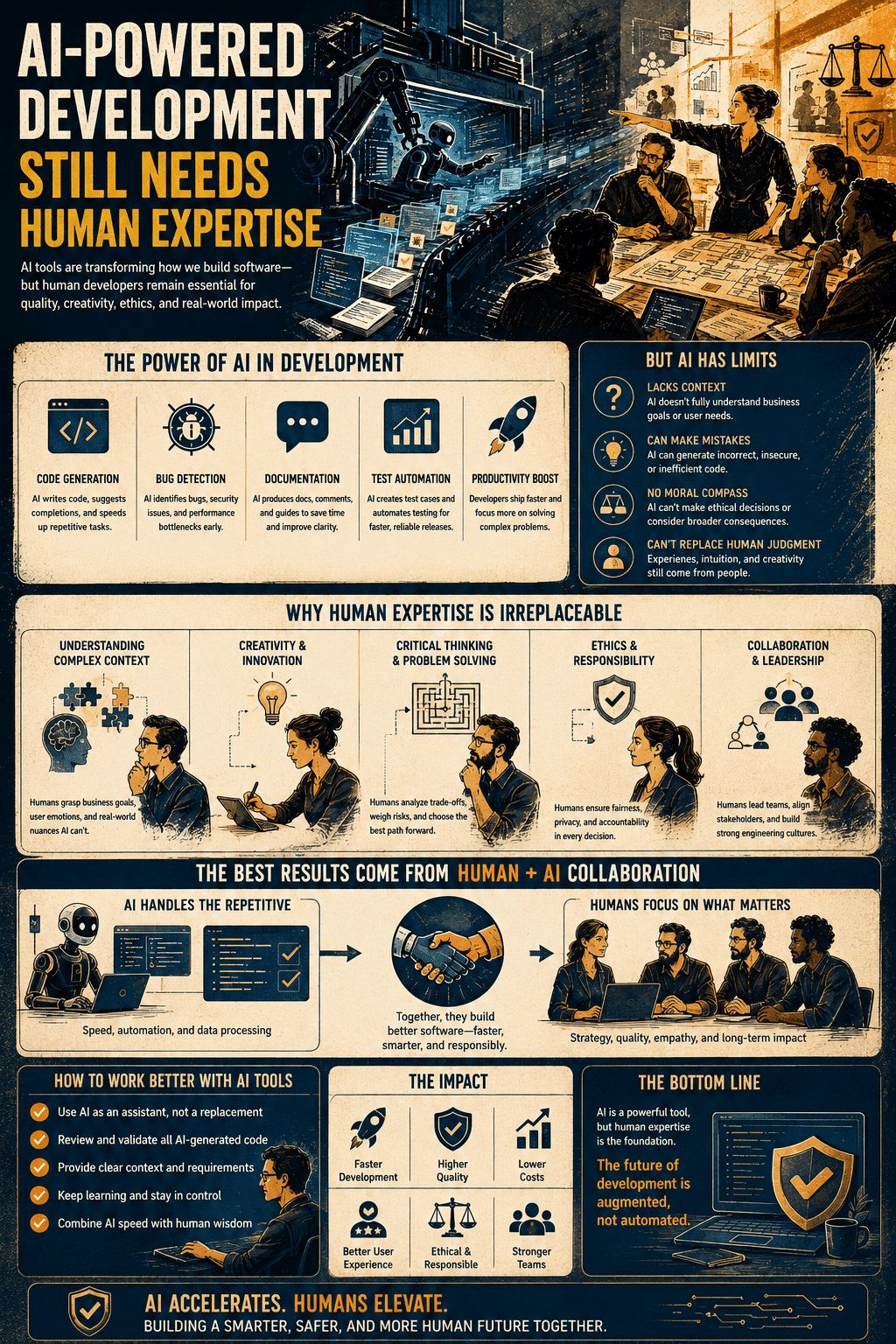 A software engineering infographic detailing the Infographic: AI-powered Development Still Needs Human Expertise, highlighting AI code generation capabilities, machine learning limits, irreplaceable developer skills, and human-AI collaboration frameworks.