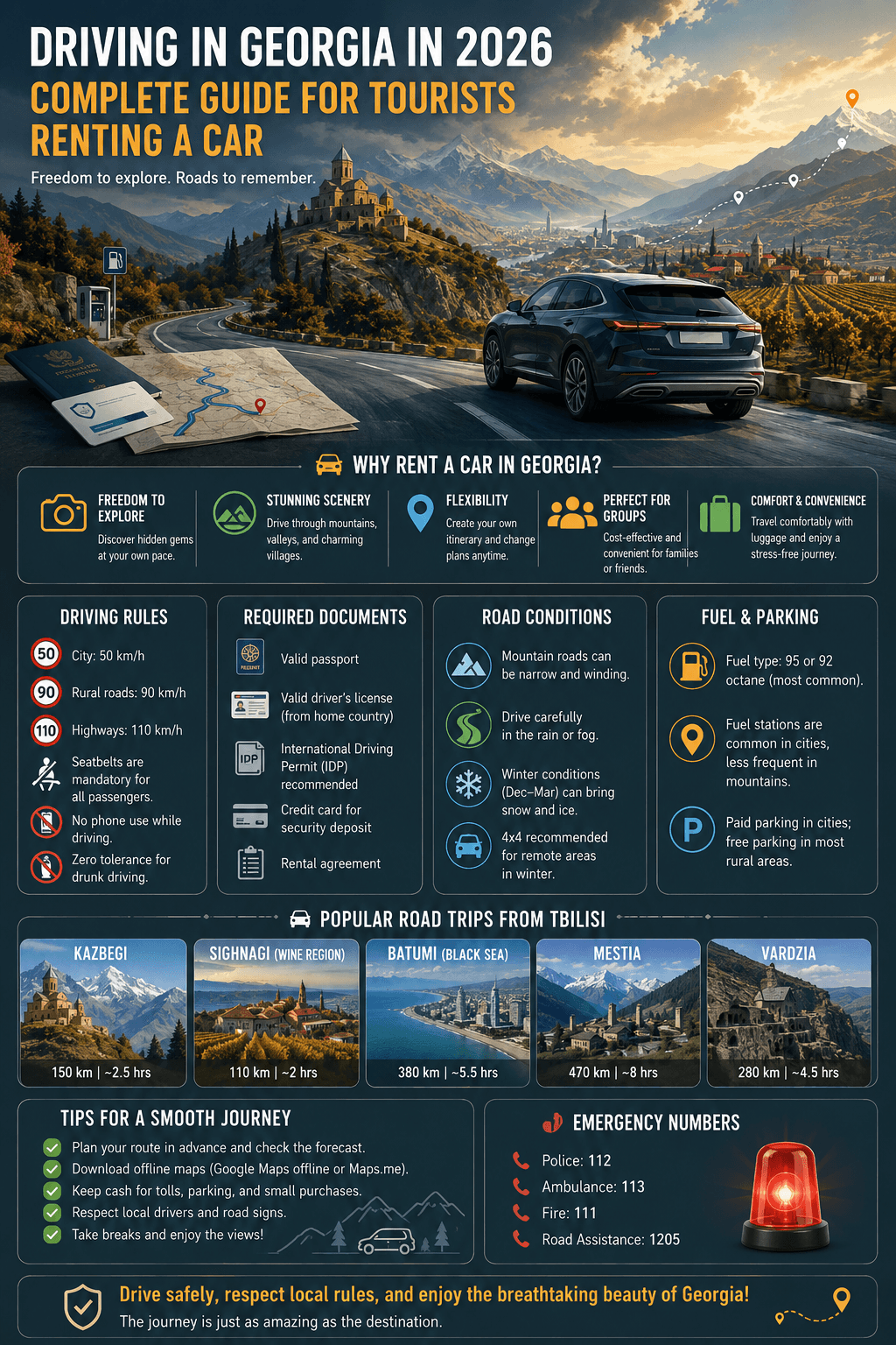 A tourism and road travel infographic detailing Driving in Georgia in 2026: Complete Guide for Tourists Renting a Car, highlighting local speed limits, documentation checklists, road safety rules, and scenic routes.