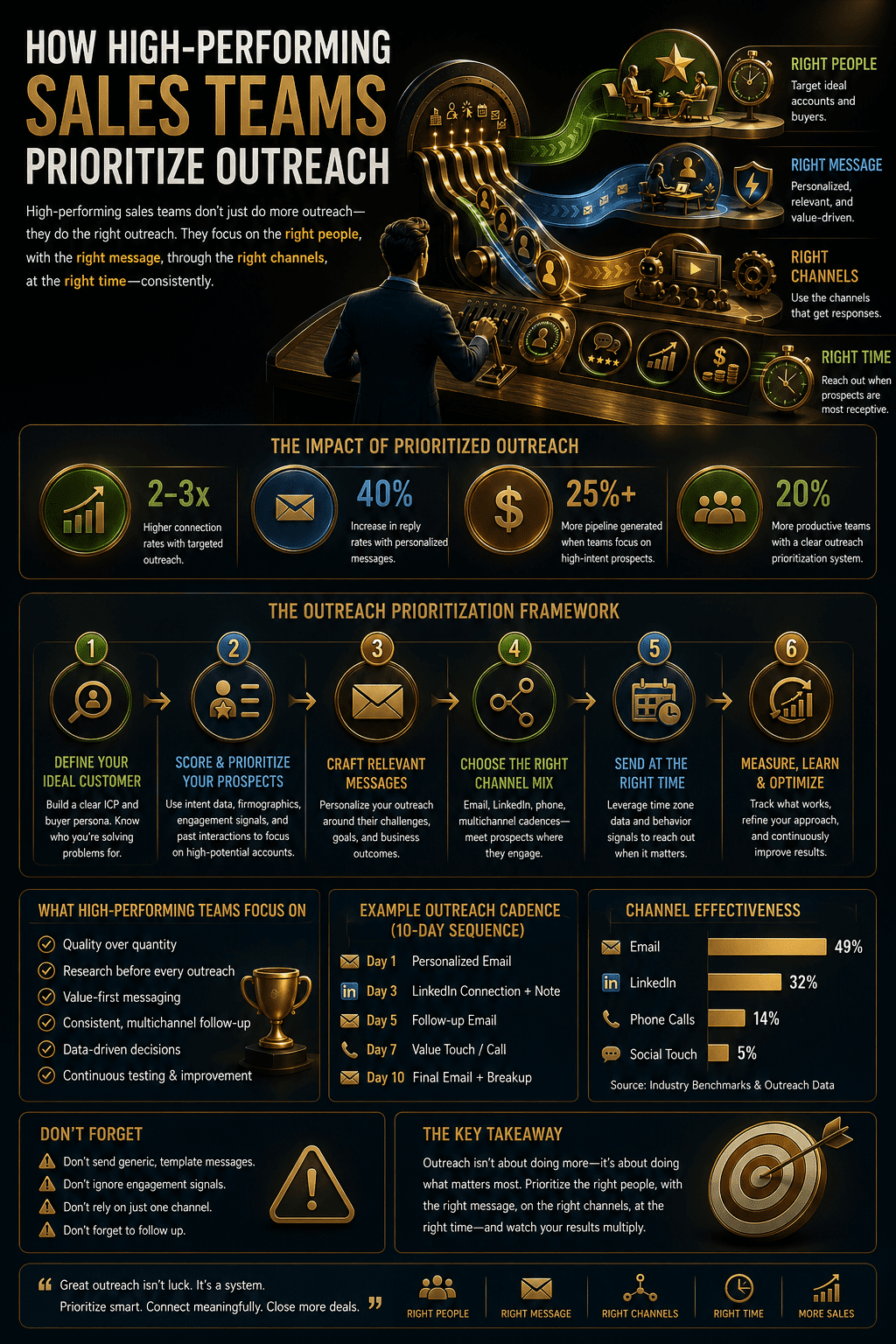 A B2B sales strategy infographic detailing Infographic: How High-Performing Sales Teams Prioritize Outreach, covering lead scoring, outreach cadences, multichannel engagement, and response metrics.