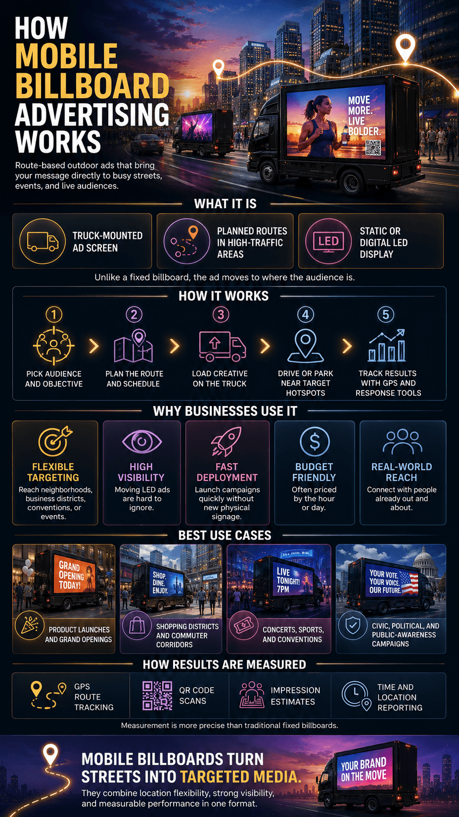 A digital out-of-home marketing infographic detailing How Mobile Billboard Advertising Works, mapping out truck-mounted LED screen setups, campaign execution steps, and outdoor ad measurement frameworks.