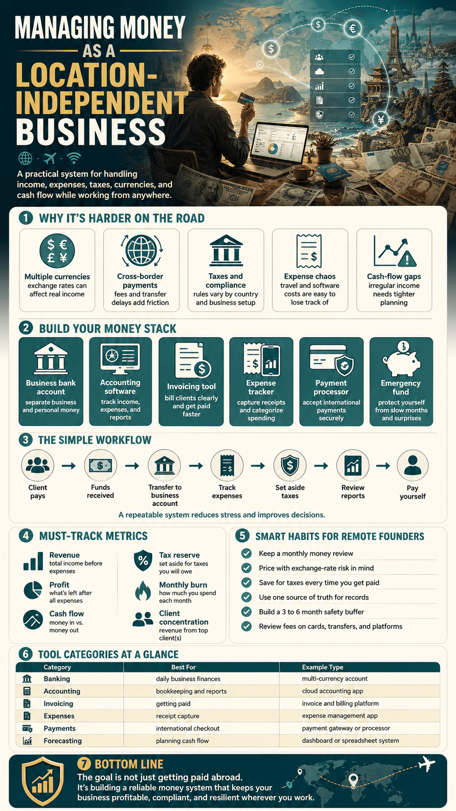 A digital nomad and remote founder financial guide detailing Managing Money as a Location-Independent Business, outlining multi-currency banking, cross-border tax compliance, automated money stacks, and essential financial habits.