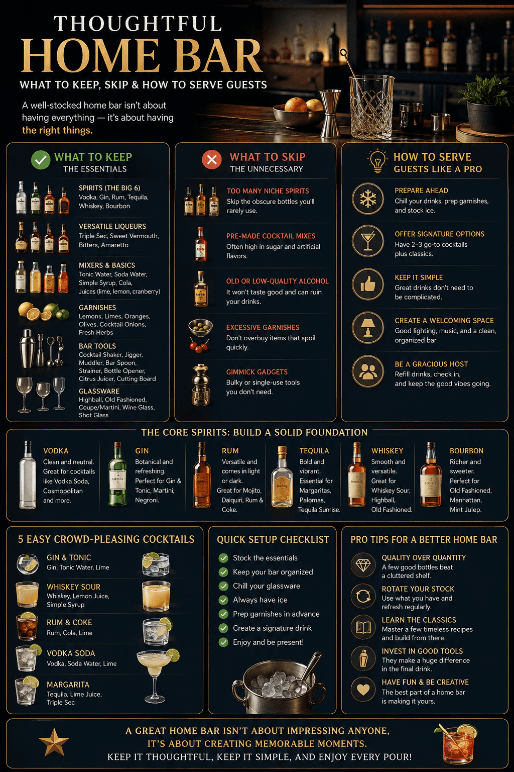 A home mixology and entertaining infographic detailing a Thoughtful Home Bar: What to Keep, Skip & How to Serve Guests, illustrating essential spirits, bar tools to avoid, quick setup checklists, and hosting strategies.