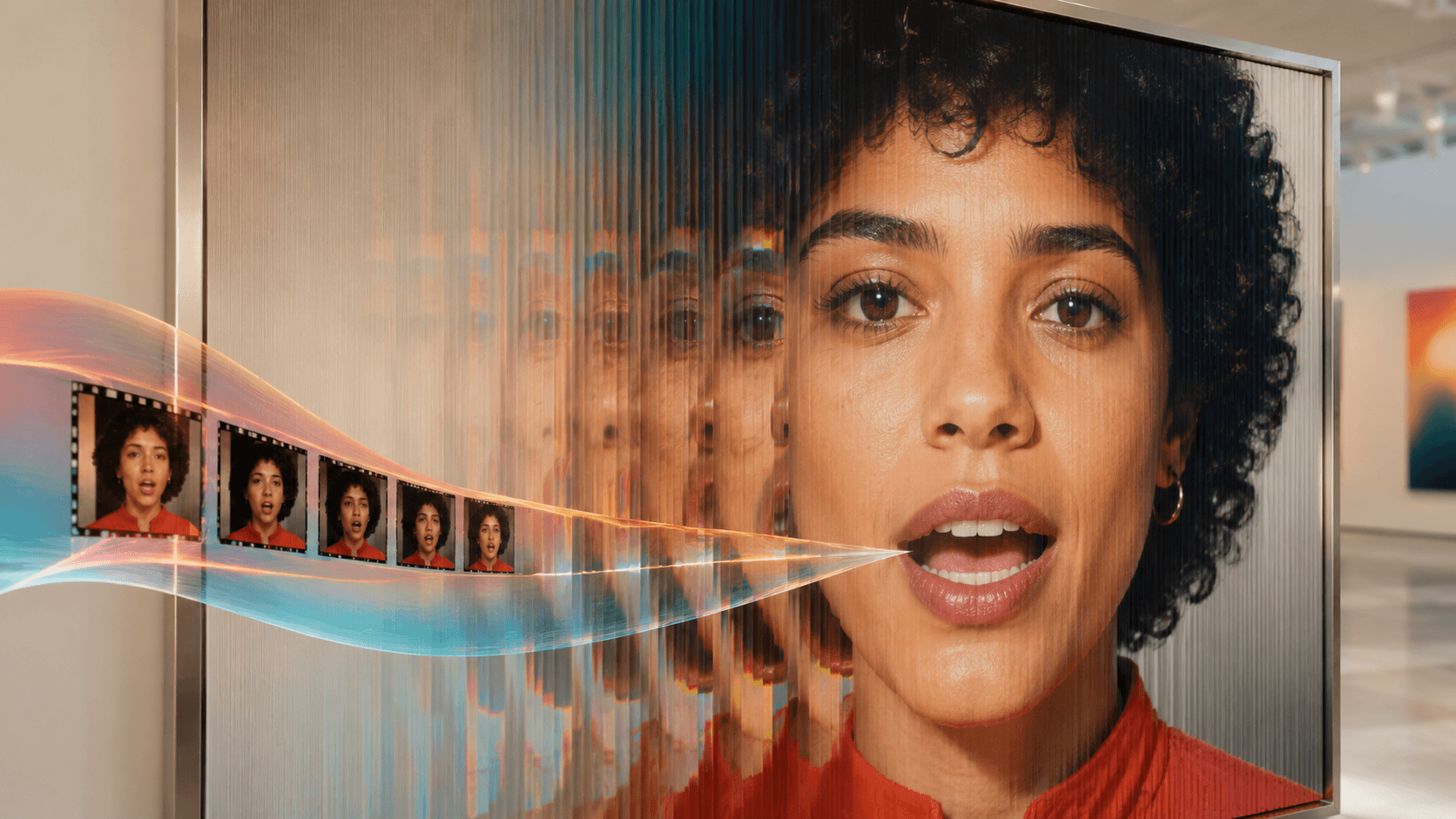Lenticular portrait showing changing mouth positions merging with an audio ribbon to create a realistic talking face.