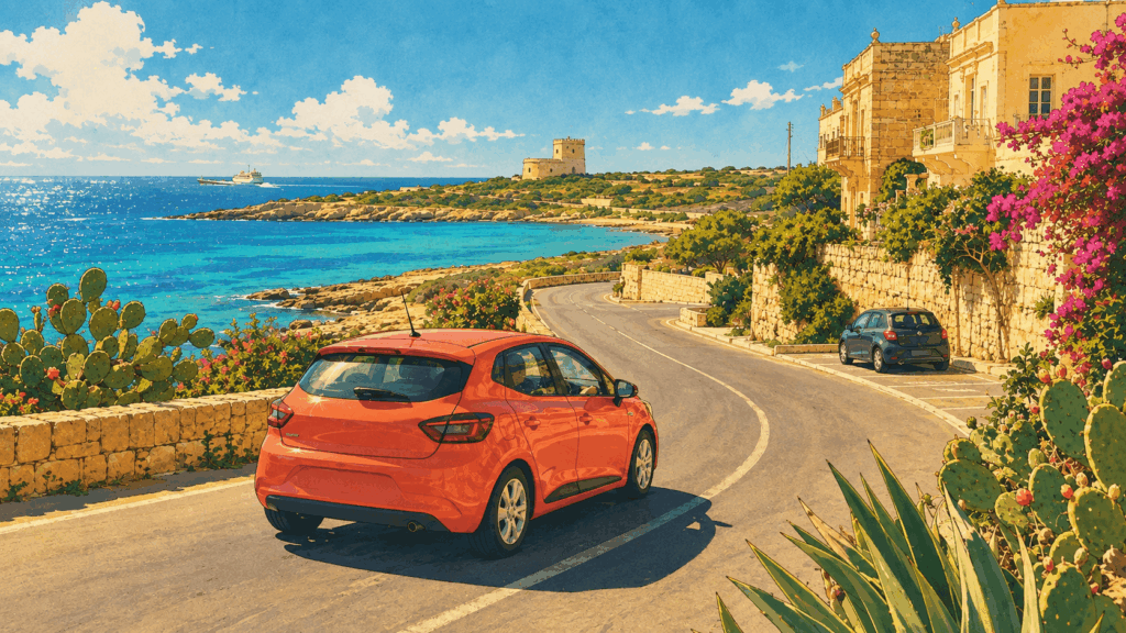 Anime illustration of a compact rental car driving along the Maltese coast near Qawra, with limestone buildings and turquoise sea.